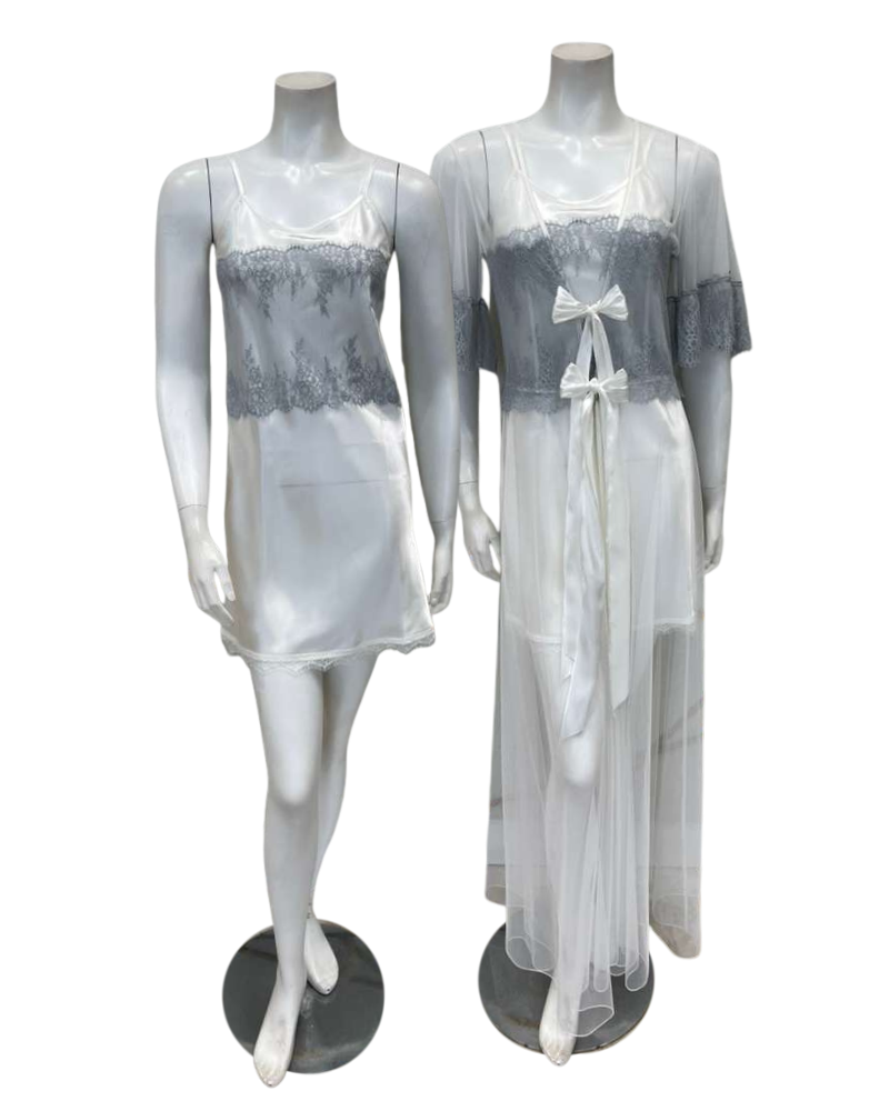 Madeleine Fig CLAIRE Ivory Satin Chemise & Peignoir Set Myselflingerie.com