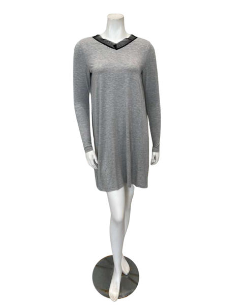 Jackie O'Loungewear Grey V Neck Lace Long Sleeves Modal Nightshirt Myselflingerie.com