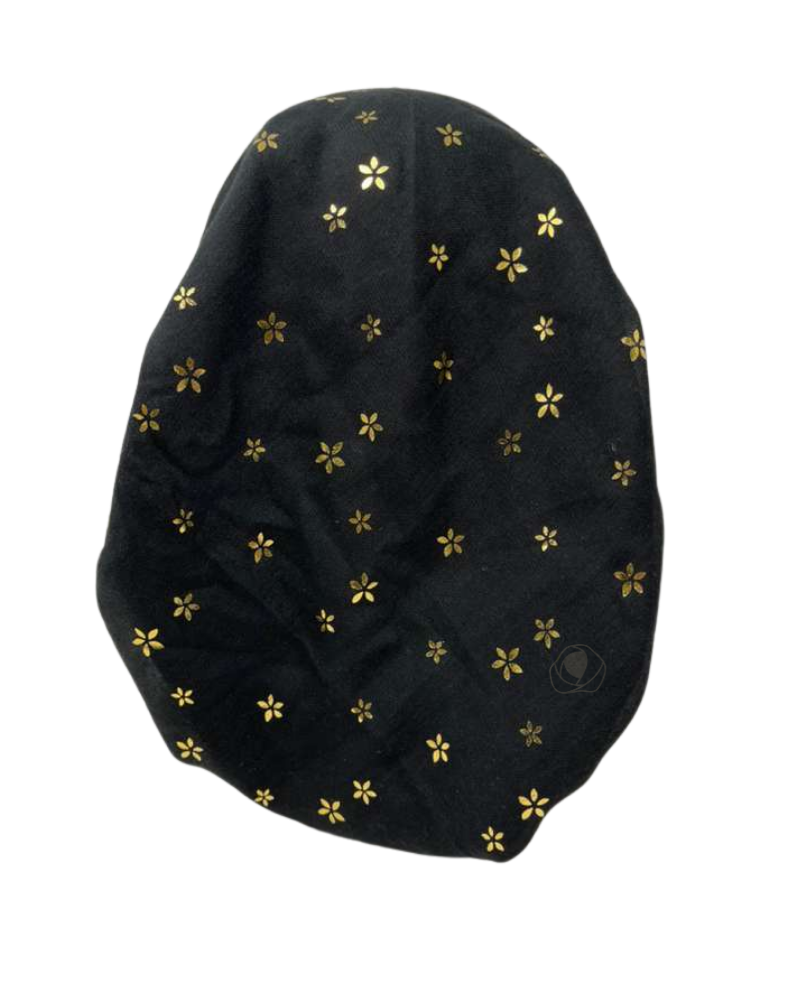 Cherie SPC310A-BKG Black/Gold Foil Flowers Adjustable Closed Back Pre-Tied Bandanna Myselflingerie.com