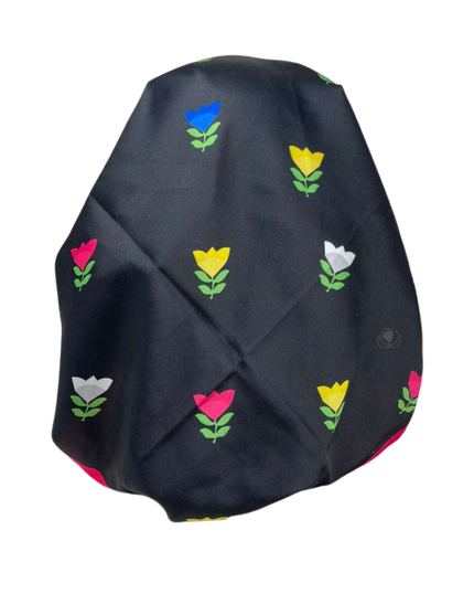 It's Younique OB-BLK-TU Multicolor Tulips with Red Border Pre-Tied Open Back Bandanna with Velvet Grip Myselflingerie.com