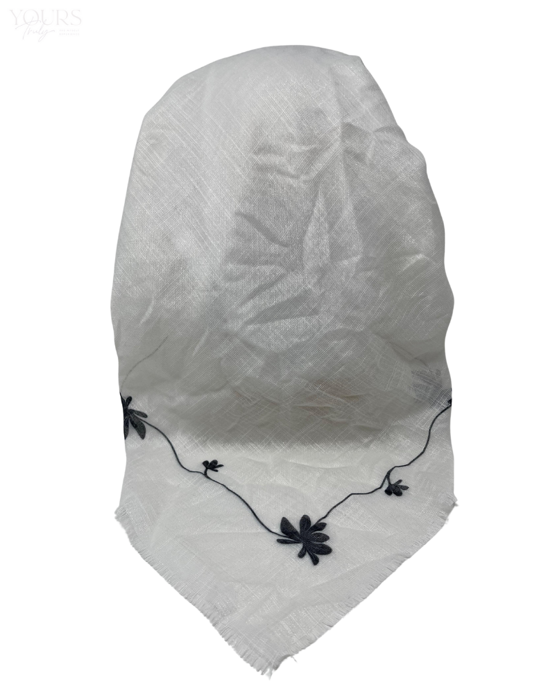 It's Younique OB-SHIM-BLK White Shimmer with Fringes Edge Black Floral Border Pre-Tied Open Back Bandanna with Velvet Grip Myselflingerie.com