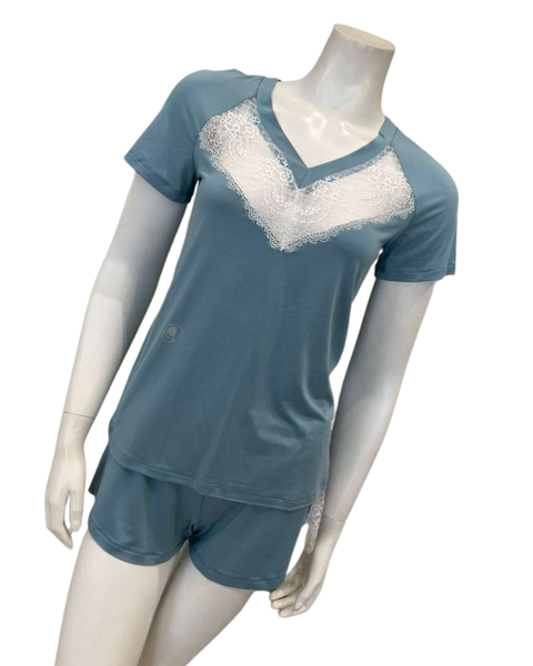 Oh! Zuza 4613 Aqua and White Lace Short Sleeve Pajamas Shorts Set Myselflingerie.com