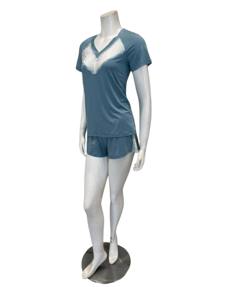 Oh! Zuza 4613 Aqua and White Lace Short Sleeve Pajamas Shorts Set Myselflingerie.com