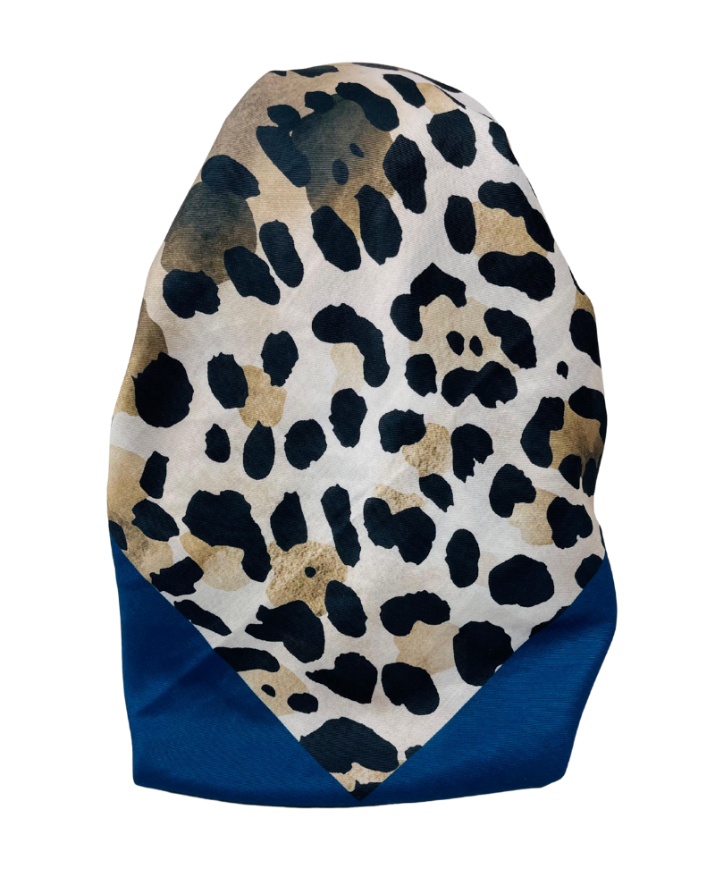 It's Younique OB-LEO-BL Brown Leopard Print Blue Border Pre-Tied Open Back Bandanna with Velvet Grip Myselflingerie.com