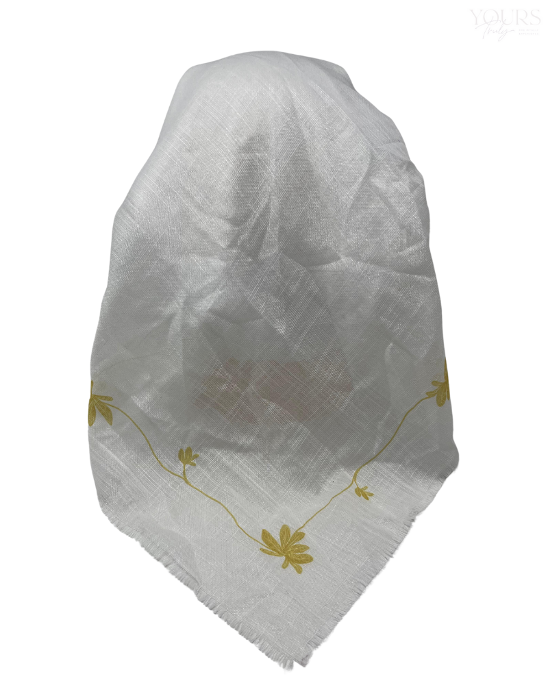 It's Younique OB-SHIM-GLD White Shimmer with Fringes Edge Gold Floral Border Pre-Tied Open Back Bandanna with Velvet Grip Myselflingerie.com