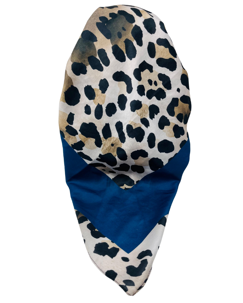 It's Younique OB-LEO-BL Brown Leopard Print Blue Border Pre-Tied Open Back Bandanna with Velvet Grip Myselflingerie.com