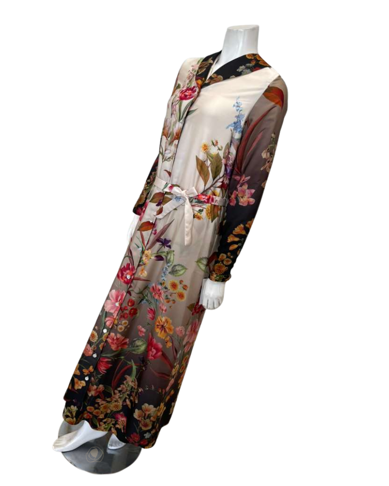Angelice S7701 Ombre Garden Floral Flat Collar Button Down Satin Morning Robe Myselflingerie.com