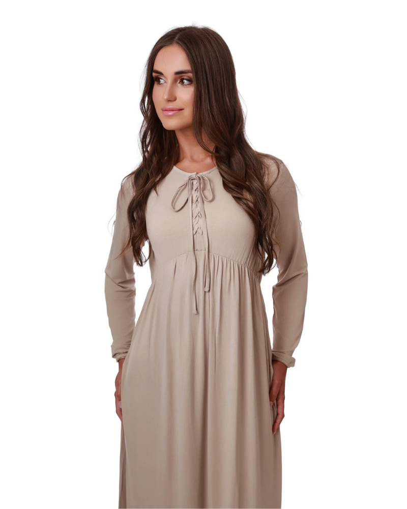 Rojo London Ellie Toffee Colored High Waisted Modal Nightgown with Shoelace Closure Myselflingerie.com