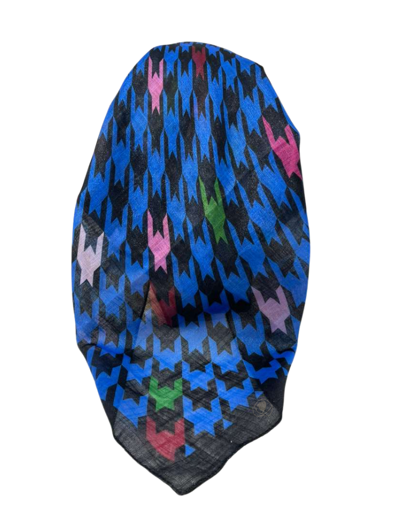 It's Younique OB-SHIM-RO Royal Blue Houndstooth Shimmer Pre-Tied Open Back Bandanna with Velvet Grip Myselflingerie.com