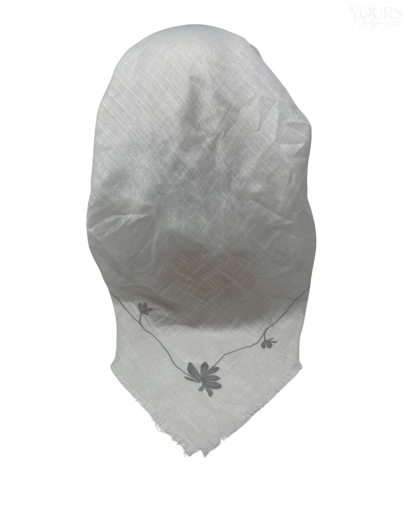 It's Younique OB-SHIM-SLV White Shimmer with Fringes Edge Silver Floral Border Pre-Tied Open Back Bandanna with Velvet Grip Myselflingerie.com