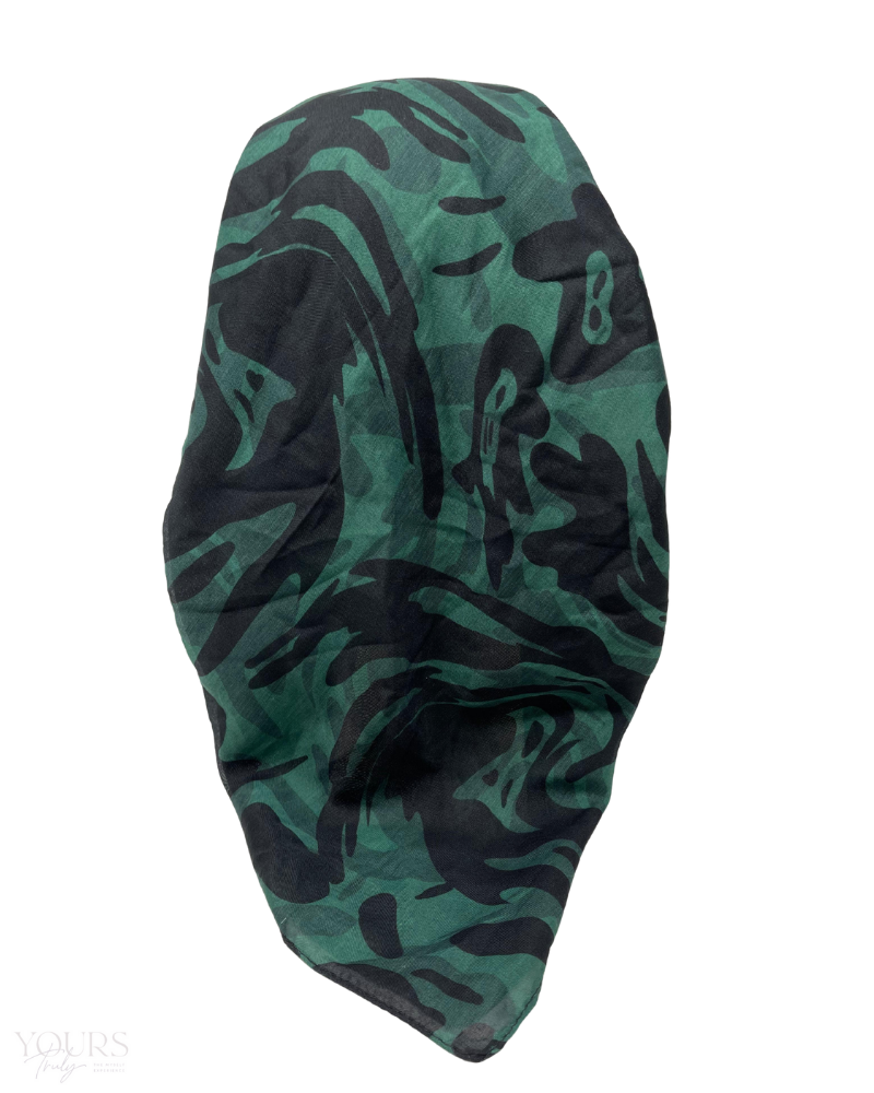 Ahead VT2592 Green Swirled Ink Versatile Style Long Tails Open Back Pre-Tied Bandanna Myselflingerie.com