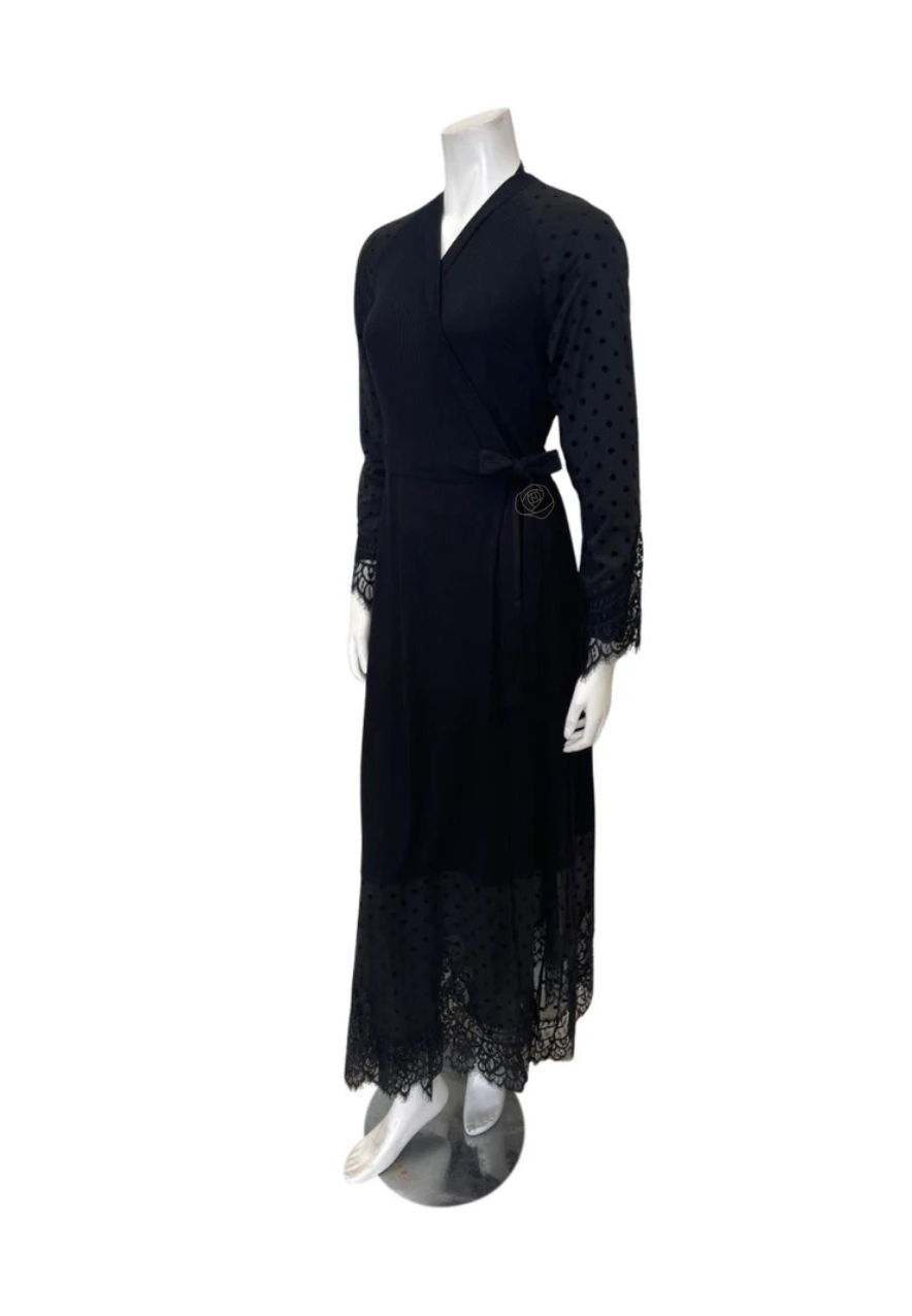 Oh! Zuza Black Ribbed Modal with Sheer Lace Long Robe