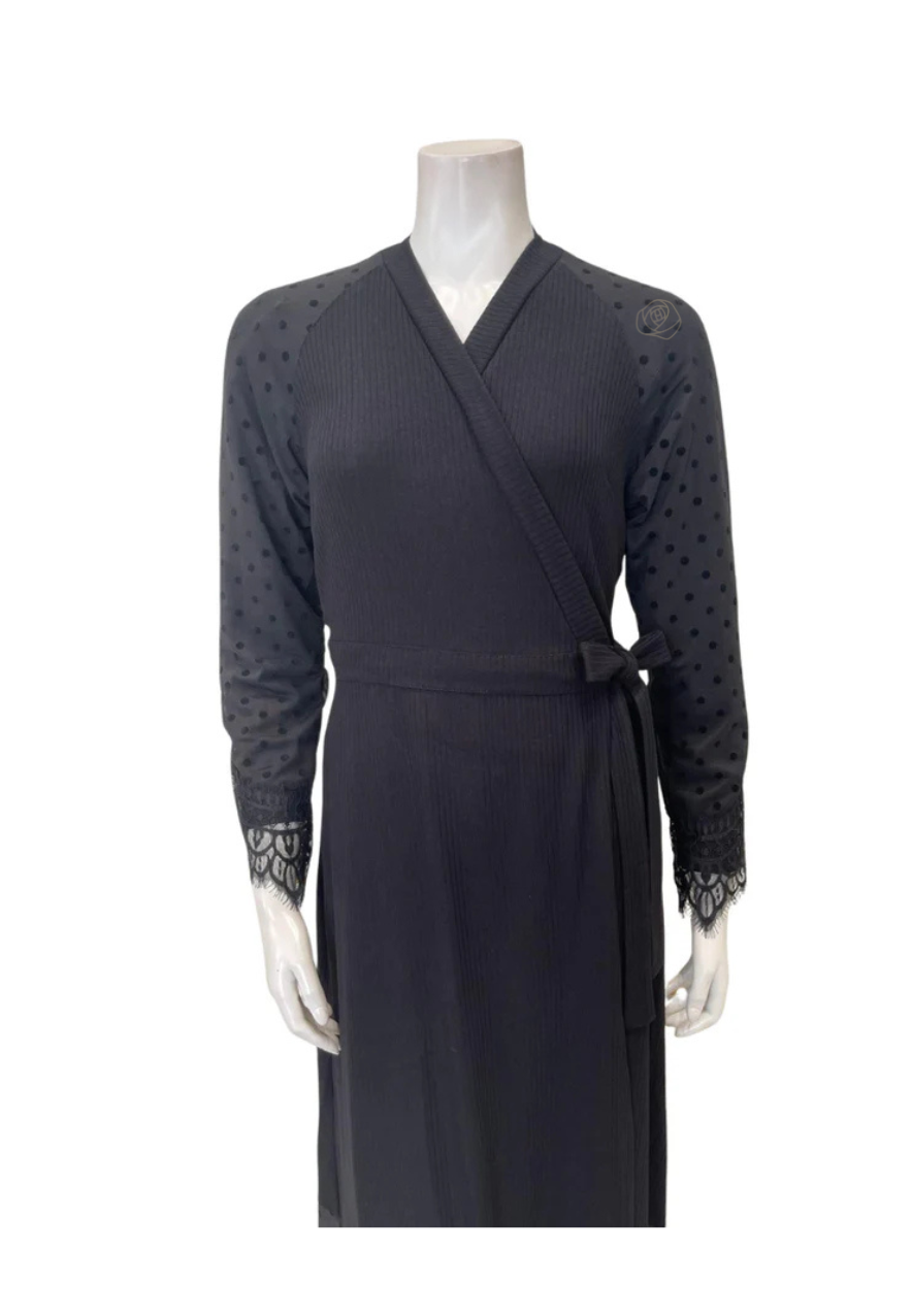 Oh! Zuza Black Ribbed Modal with Sheer Lace Long Robe
