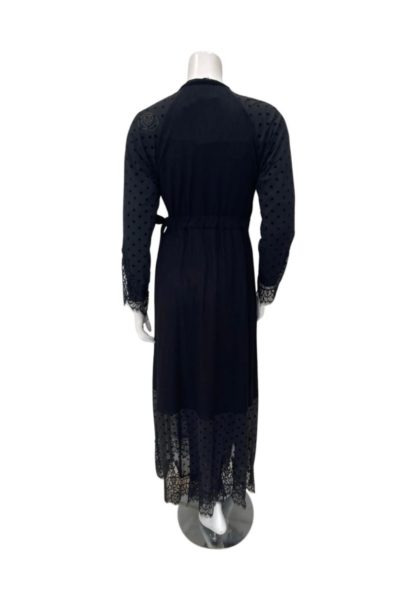 Oh! Zuza Black Ribbed Modal with Sheer Lace Long Robe