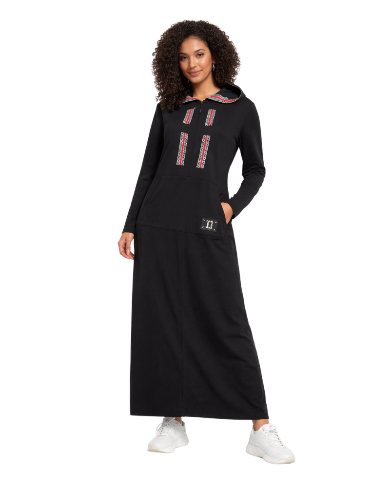 Mode Everyday Black Zagline Front Zip Morning Robe Lounger with Hood