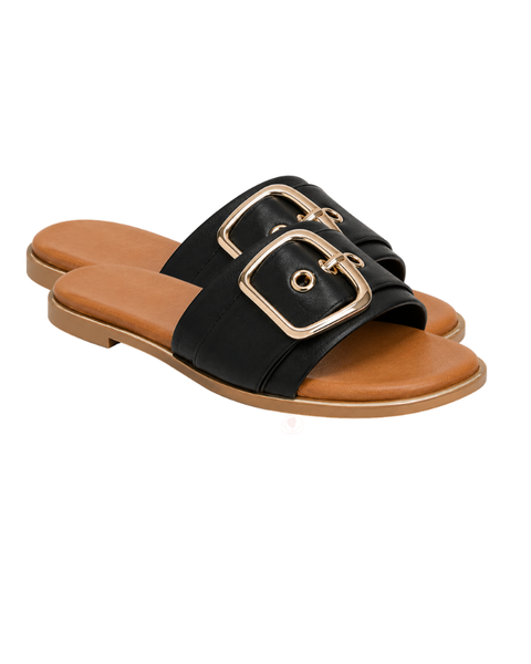 Black Oversized Gold Buckle Chic Beach Slides