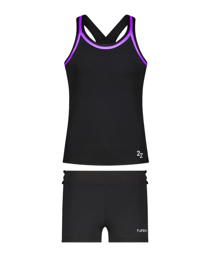 26FL02ZBK/PRL Black/Purple 2 Piece Teen's Bathing Suit Tank with Shorts