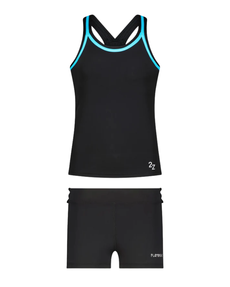Flamingo Black/Aqua Trim 2 Piece Teen's Bathing Suit Tank with Shorts