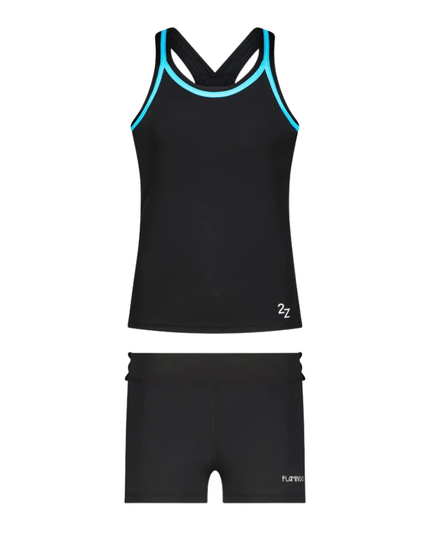 23FL02ZDOL Black/Aqua Trim 2 Piece Teen's Bathing Suit Tank with Shorts