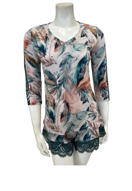 Oh! Zuza Floral Print Ribbed Modal Sheer Long Sleeve & Shorts Pajamas Set