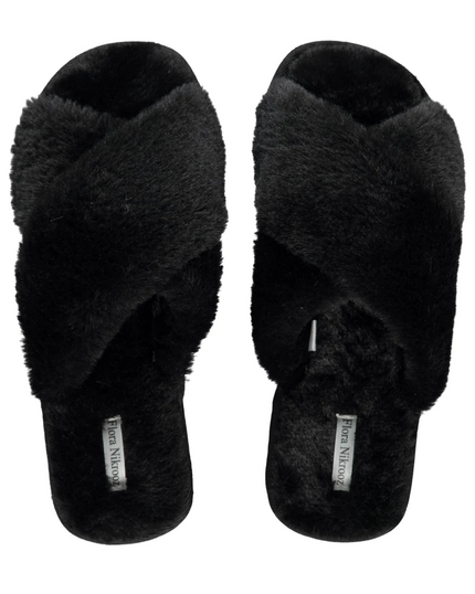 Flora Nikrooz Black Victoria Teddy Criss Cross Slippers