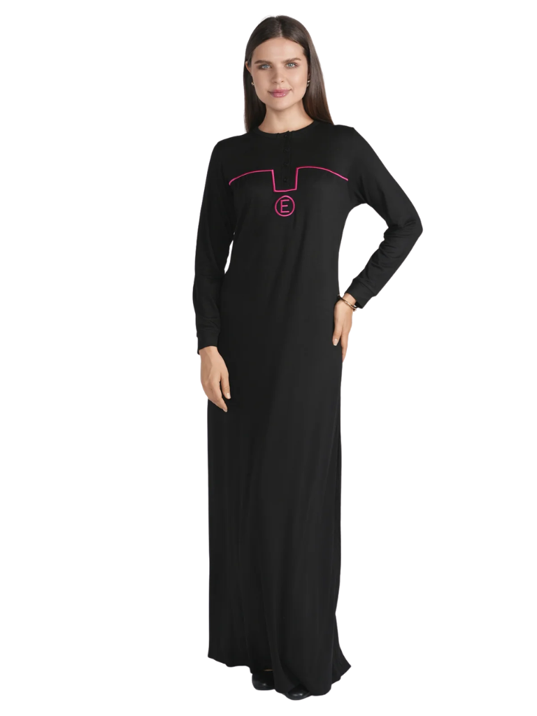 altimge1 for Ellwi Black Embroidered Accent Button Down Cotton Nightgown Myselflingerie.com