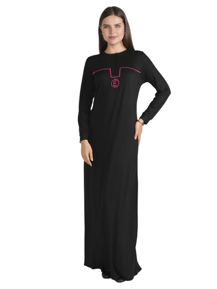 altimge1 for Ellwi Black Embroidered Accent Button Down Cotton Nightgown Myselflingerie.com