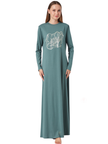 Pen-ky Pine Green with Gold Foil Blossoming Rose Pull On Cotton Nightgown