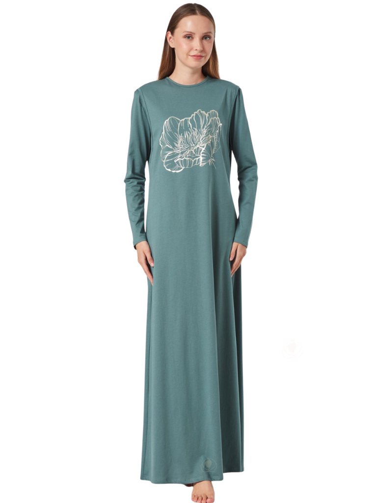 Pen-ky Pine Green with Gold Foil Blossoming Rose Pull On Cotton Nightgown