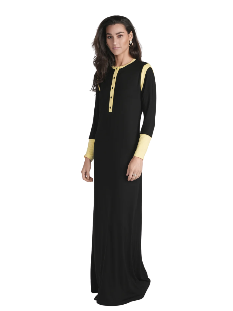 altimge1 for Ellwi Black/Banana Colored Trim Button Down Cotton Nightgown Myselflingerie.com