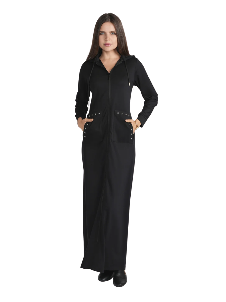 altimge1 for Ellwi Black Star Trim Zippered Morning Robe with Removable Hood Myselflingerie.com
