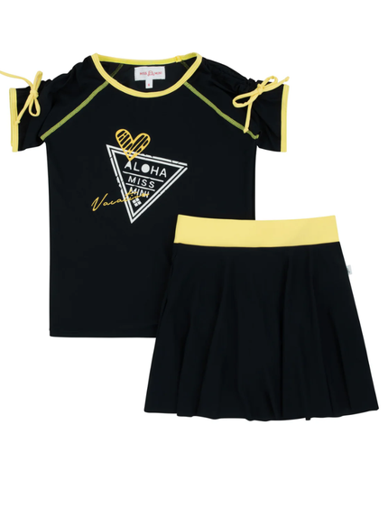 Miss Mini Black with Yellow Trim Postcard Swim T-Shirt & Skirt Set Myselflingerie.com