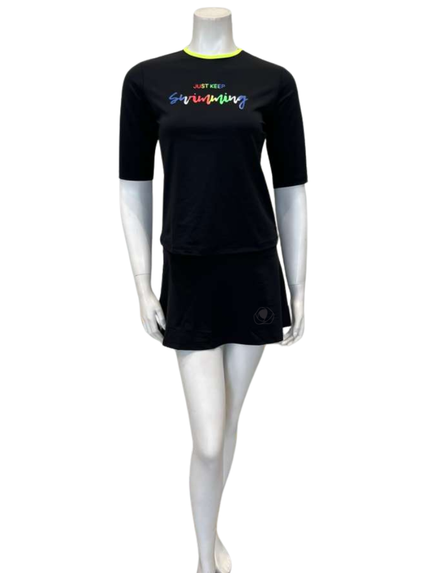 Child Play 12-965+12-967 Black Just Keep Swimming Multi Swim T-Shirt & Skirt Set Myselflingerie.com