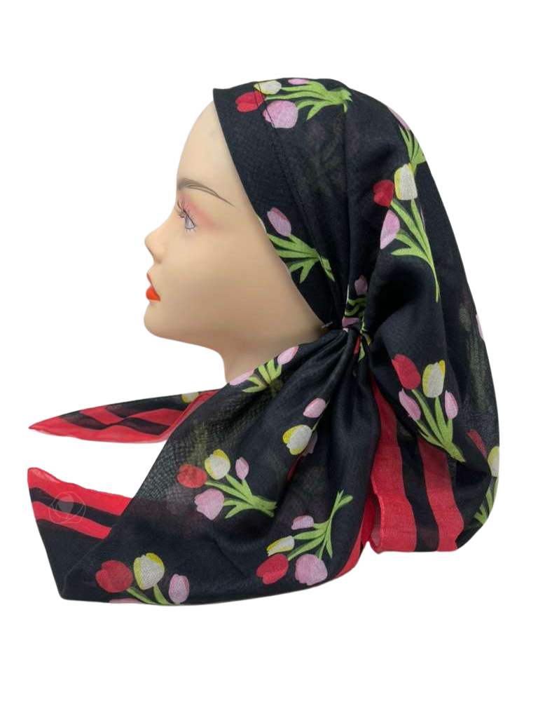 It's Younique OB-BLK-TU Multicolor Tulips with Red Border Pre-Tied Open Back Bandanna with Velvet Grip Myselflingerie.com 