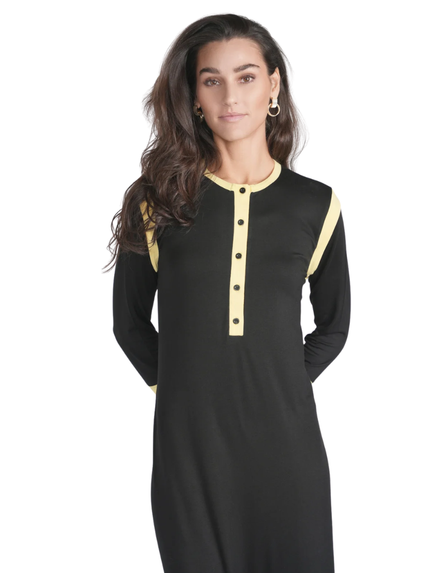 altimge2 for Ellwi Black/Banana Colored Trim Button Down Cotton Nightgown Myselflingerie.com