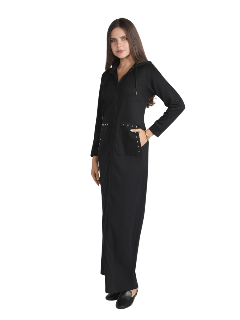 altimge2 for Ellwi Black Star Trim Zippered Morning Robe with Removable Hood Myselflingerie.com