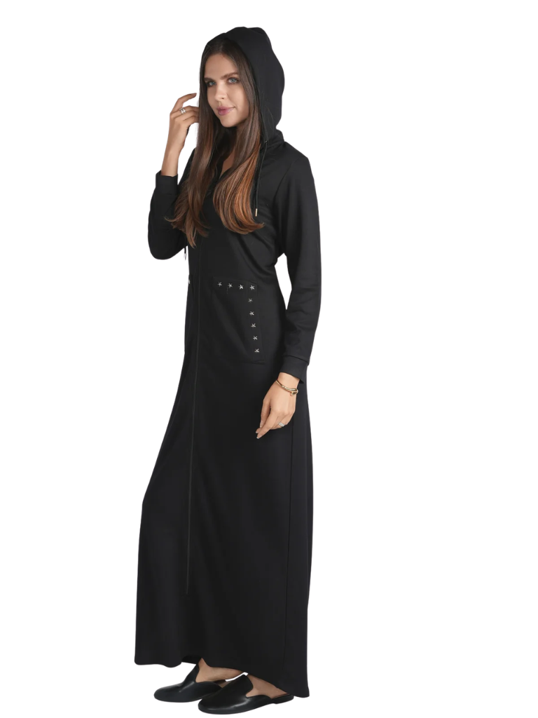altimge3 for Ellwi Black Star Trim Zippered Morning Robe with Removable Hood Myselflingerie.com