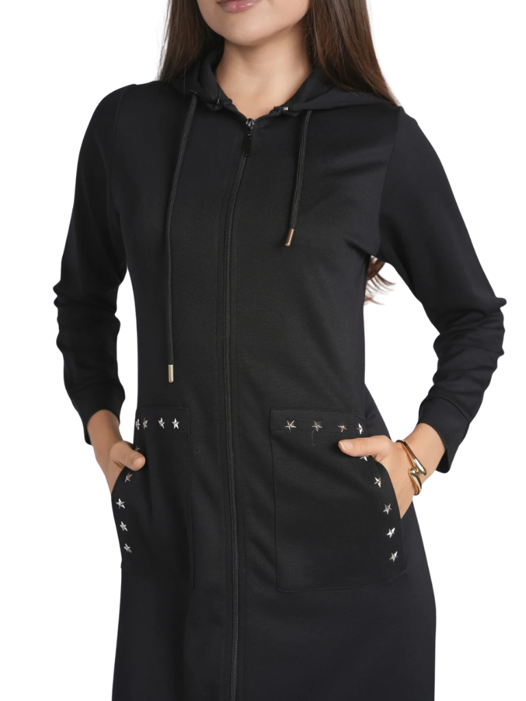 altimge4 for Ellwi Black Star Trim Zippered Morning Robe with Removable Hood Myselflingerie.com