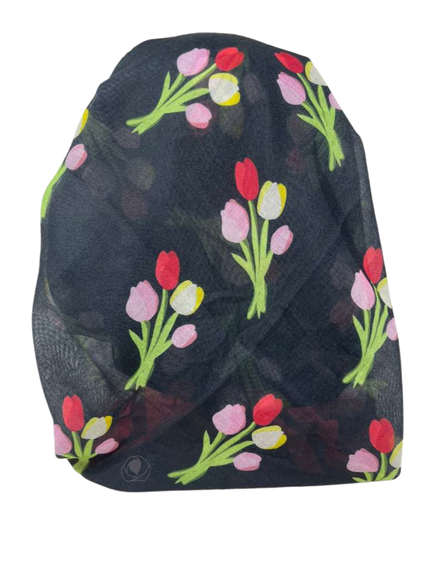 It's Younique OB-BLK-TU Multicolor Tulips with Red Border Pre-Tied Open Back Bandanna with Velvet Grip Myselflingerie.com 