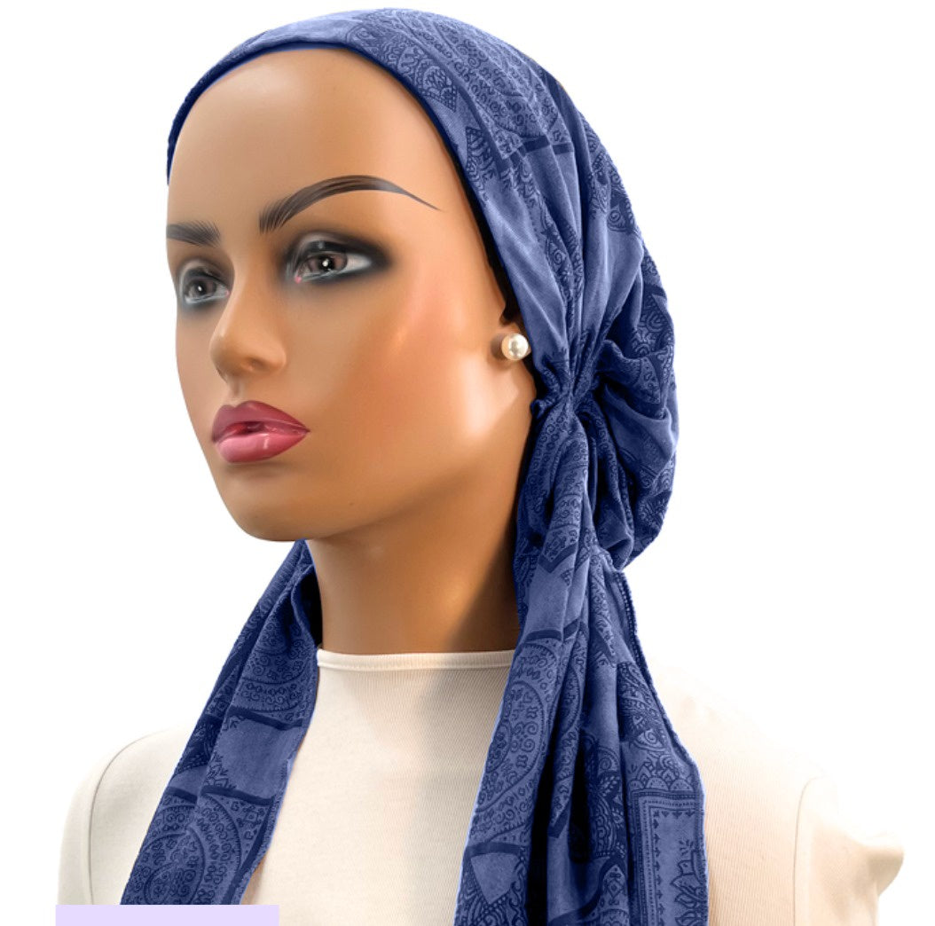 Ahead IT2570 Navy Damask Design Israeli Style Long Tails Pre-Tied Bandanna Myselflingerie.com