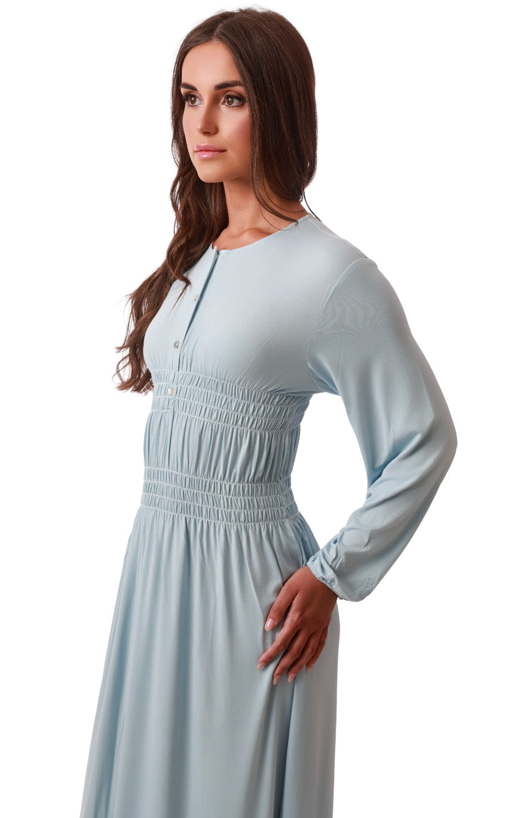 Rojo London Pippa Morning Light Blue Smocked Button Down Nightgown Myselflingerie.com