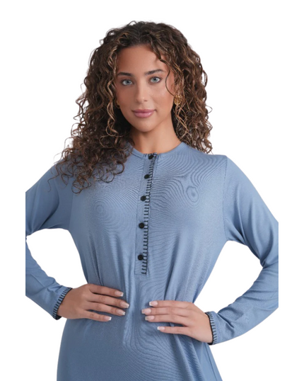 Ellwi Blanket Stitch Sky Blue Button Down Cotton Nightgown
