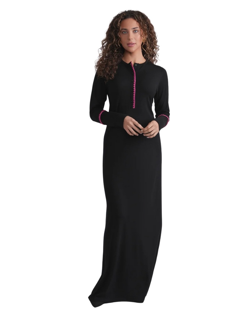 Ellwi Embroidered Stitch Black Button Down Cotton Nightgown