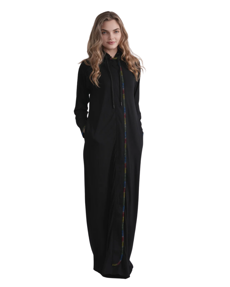 Ellwi Blanket Stitch Black Hood Zippered Morning Robe