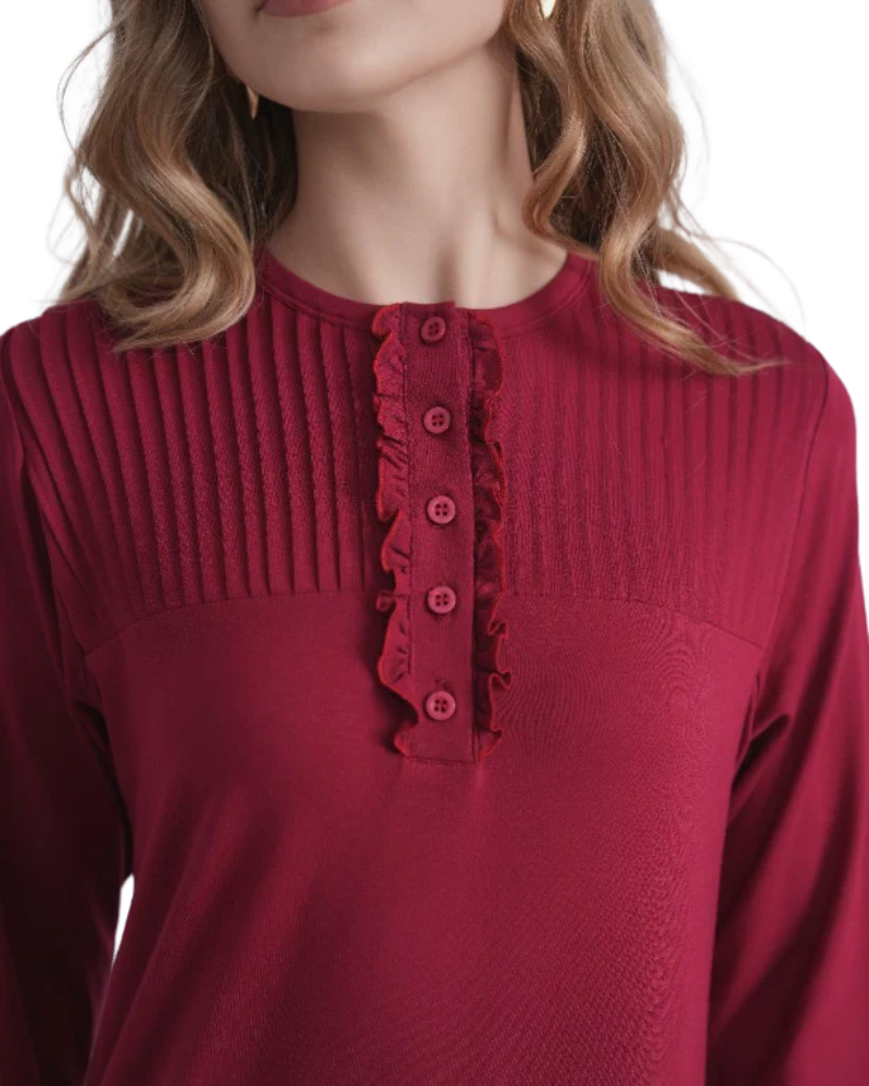 Ellwi Ruffle Design Red Button Down Cotton Nightgown