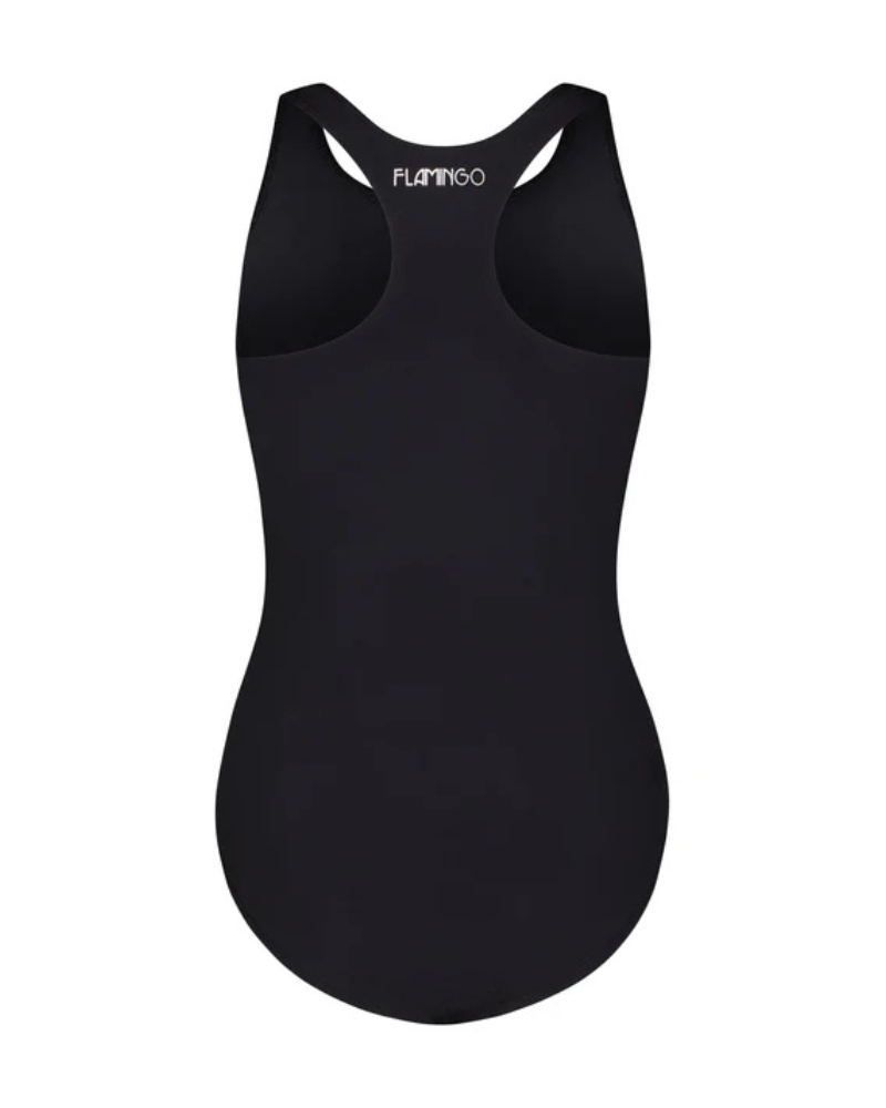 Flamingo Purple/Yellow Vertical Stripe Black Bathing Suit