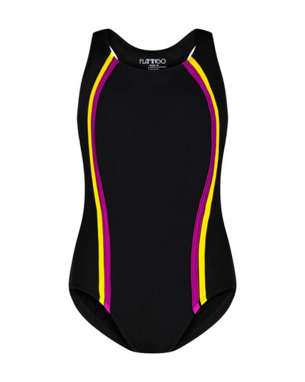 Flamingo Purple/Yellow Vertical Stripe Black Bathing Suit