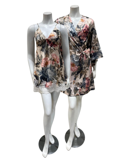 Mari M. Printed Bloom Poly Silk Chemise & Wrap Set