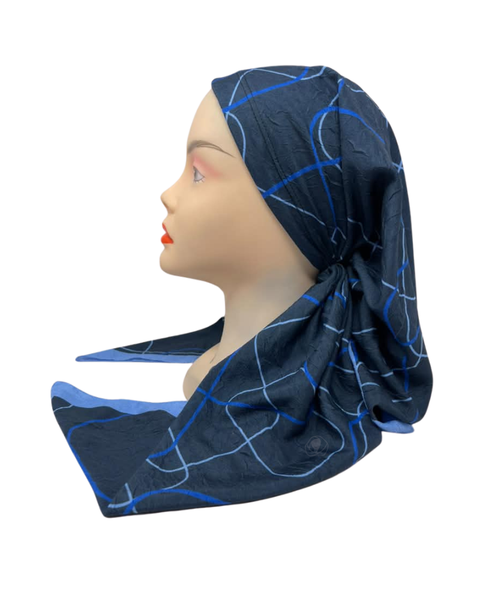It's Younique Blue Squiggles on Solid Wave Fabric Pre-Tied Open Back Bandanna with Velvet Grip