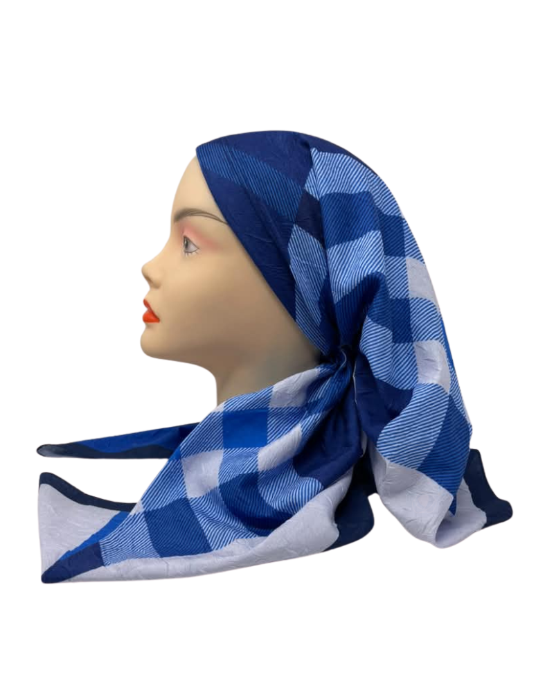 It's Younique Shades of Blue Plaid in Wave Fabric Pre-Tied Open Back Bandanna with Velvet Grip